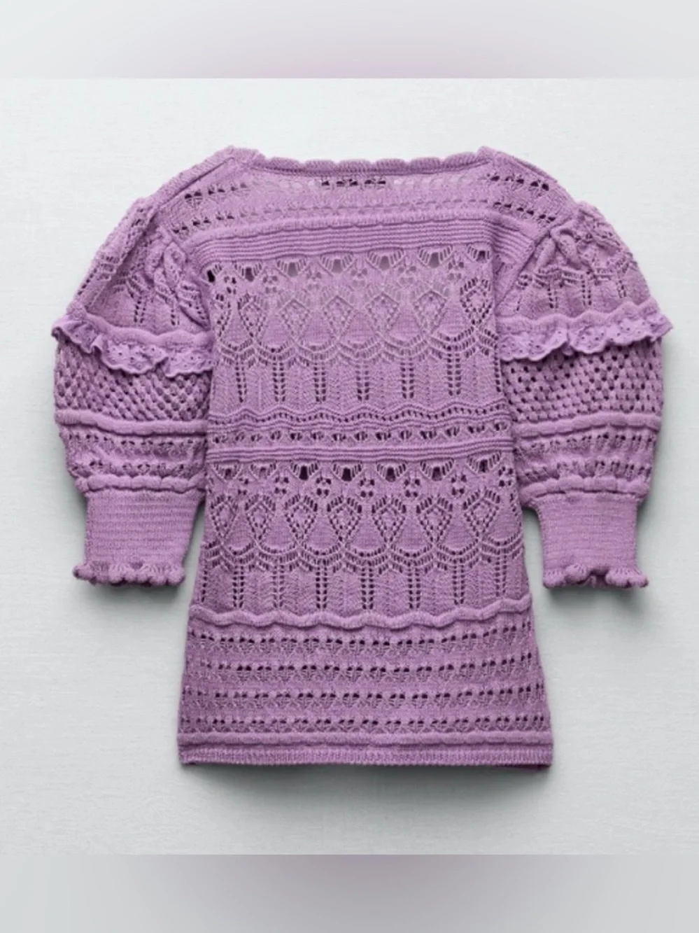 Zara Pointelle Knit Crochet Sweater Top Puff Ruffle Sleeve Lavender S Coquette